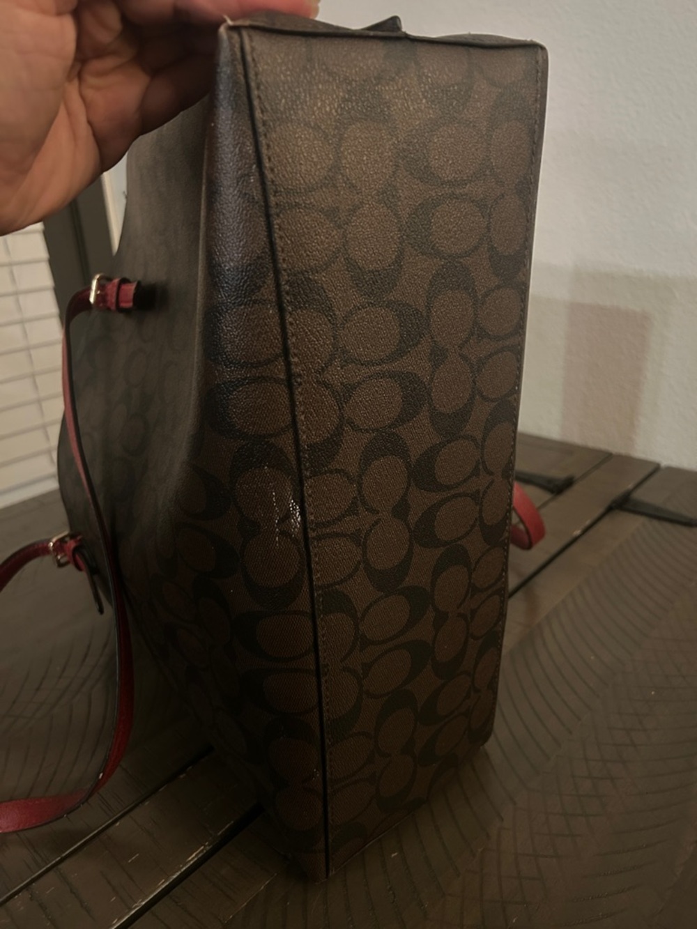 Coach Brown Signature Tote with Red Leather Straps - Picture 8 of 11